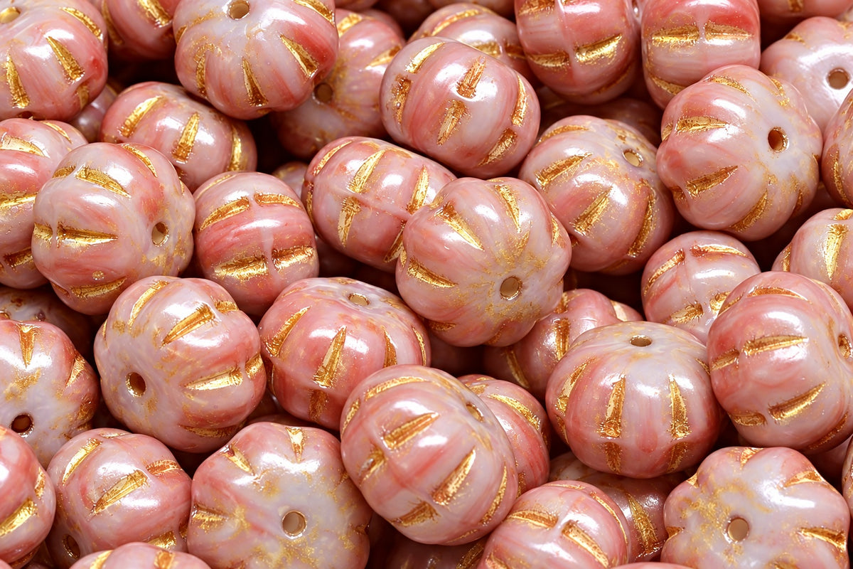 Pumpkin Beads, White Red Gold Lined (R2932-54302), Glass, Czech Republic