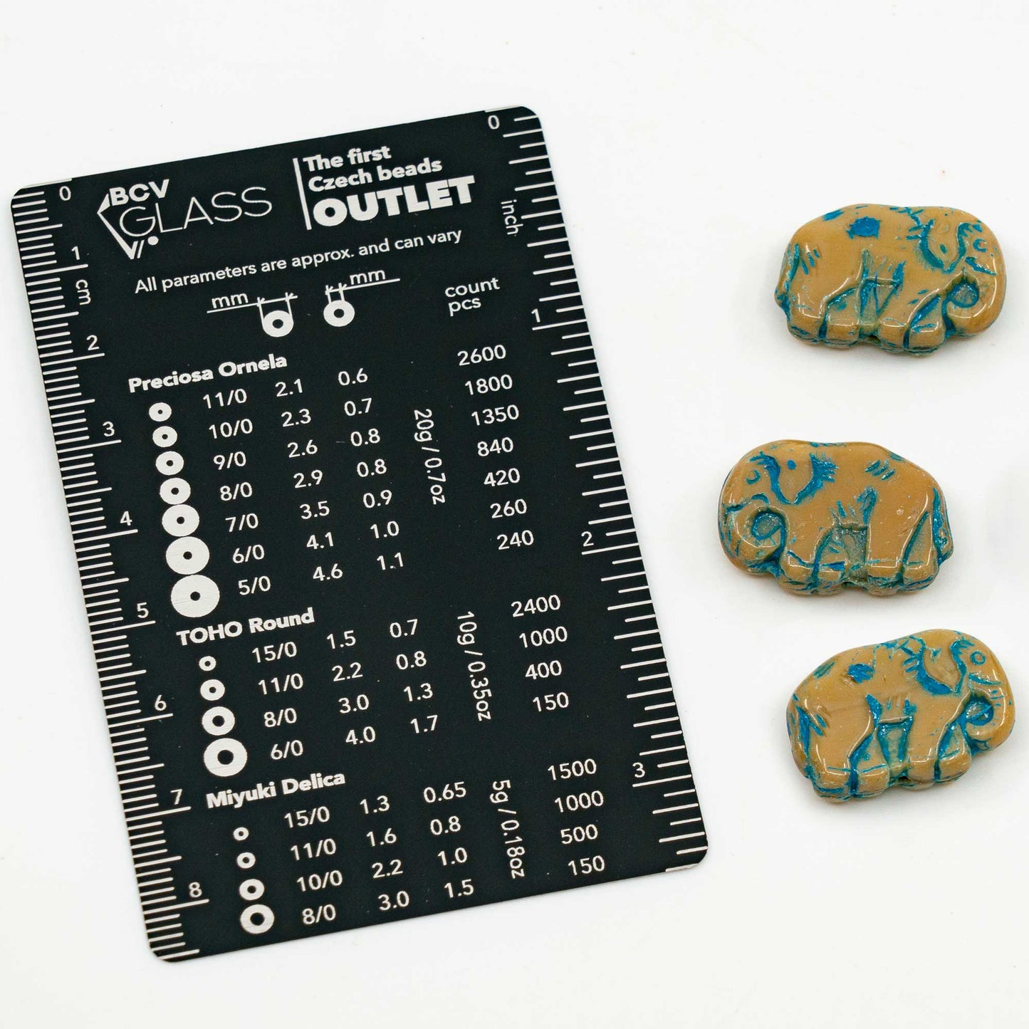 OUTLET 10 grams Pressed Beads Elephants, 16 x 23 mm, Silk Beige Dristex Blue Lined (14010-D0Z11), Glass, Czech Republic