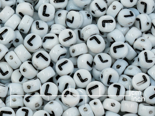 OUTLET 250g Pressed Czech Glass Letter Number Beads, 6 x 6 mm, (l), White Black Lined, Glass, Czech Republic