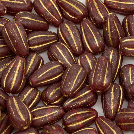 OUTLET 250g Drop Melon Beads, 13 x 8 mm, Opal Red Matte Gold Lined (91250-84100-54302), Glass, Czech Republic