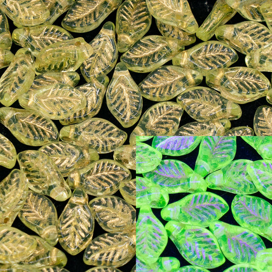 OUTLET 250g/50g Bay Leaf Beads, 6 x 12 mm, Transparent Yellow Gold Lined (80130-54302), Glass, Czech Republic