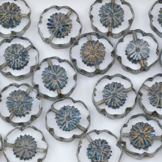 OUTLET 10 grams Table Cut Hawaii Flower Beads, 14 x 14 mm, Crystal Travertin Gray (00030-86800-gray), Glass, Czech Republic