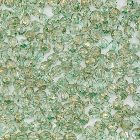 OUTLET 50g Faceted Round Fire Polished Beads, 4 x 4 mm, Green Gold (), Glass, Czech Republic