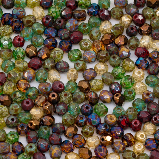 OUTLET 10 grams Faceted Round Fire Polished Beads, 4 x 4 mm, Travertin Mix, Glass, Czech Republic