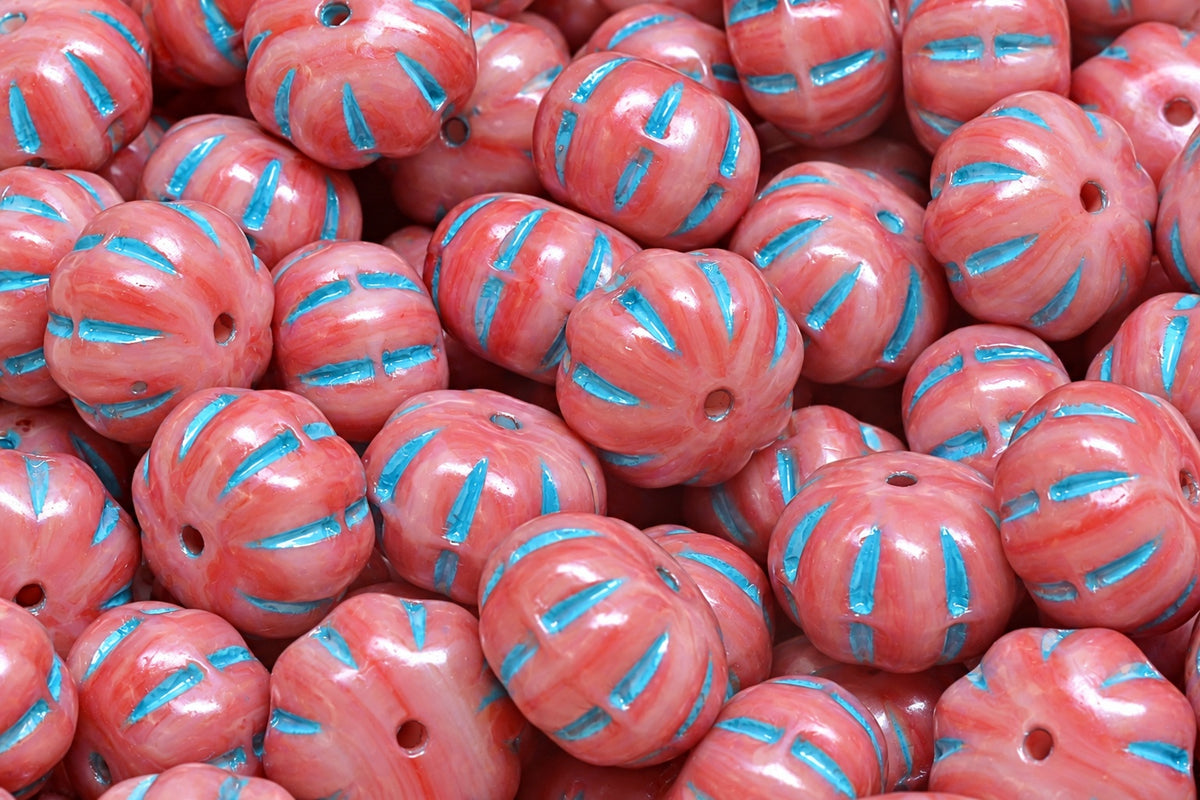 Pumpkin Beads, White Red Light Blue Lined (R2932-54308), Glass, Czech Republic