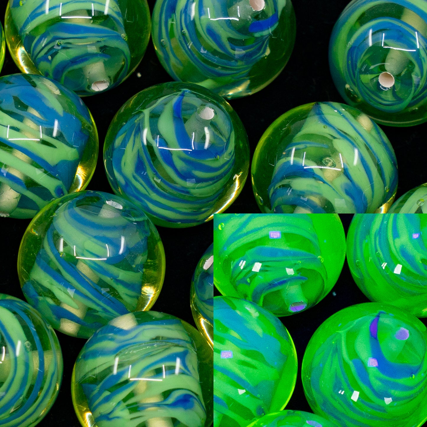OUTLET 1 pcs Lampwork Round Beads, 16 x 16 mm, Transparent Yellow Blue (80130-blue), Glass, Czech Republic
