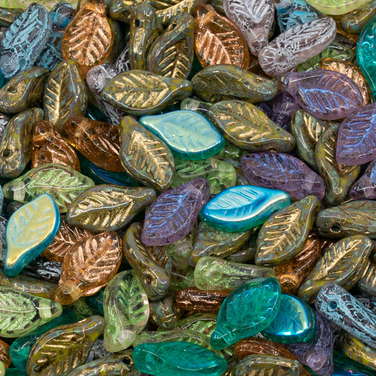 OUTLET 250g/50g Bay Leaf Beads, 6 x 12 mm, Mixed Colors Green 1 (mix-green-01), Glass, Czech Republic