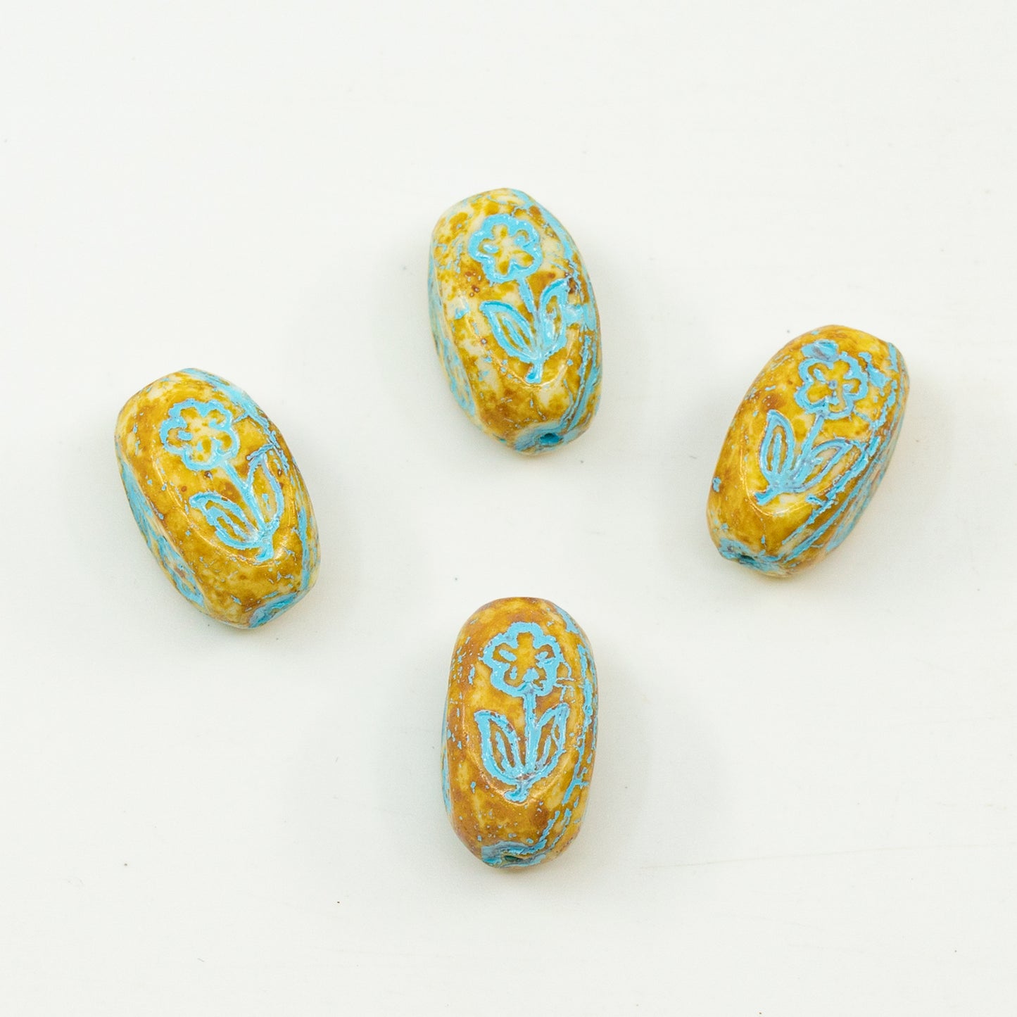 奥特莱斯 10克 长方形花形珠子，18 x 7毫米，白色石灰华浅蓝色内衬 (02010-86800-54308)，玻璃，捷克共和国