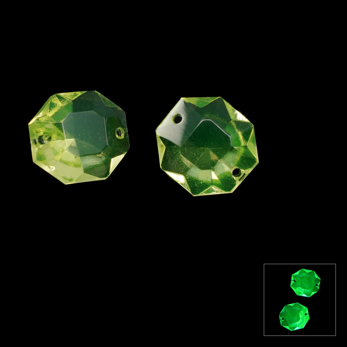 1 pc Uranium Chandelier Trimming Octagon 2-Hole (approx. 19x18mm), Yellow, Hand Cut and Polished Glass, Czech Republic, OUTLET