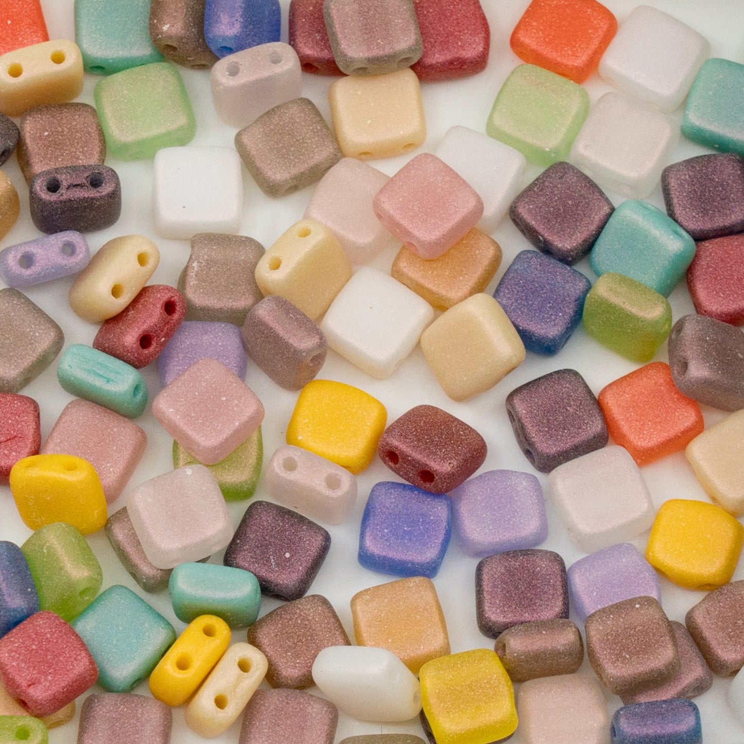 Mix of 2-hole Square Tile Czech Glass Beads 6mm - Pale Summer mix with Orange