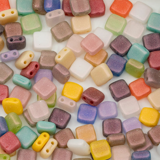 Mix of 2-hole Square Tile Czech Glass Beads 6mm - Pale Summer mix with Orange