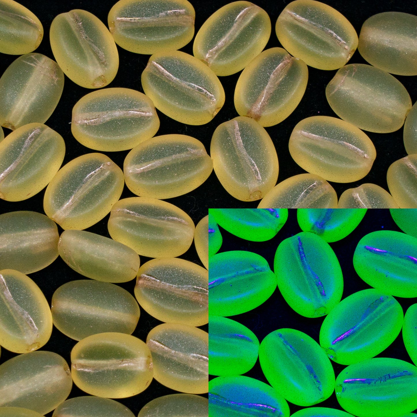 OUTLET 250g/50g Coffee Bean Beads, 11 x 8 mm, Transparent Yellow Matte Copper Lined (80130-84100-54200), Glass, Czech Republic