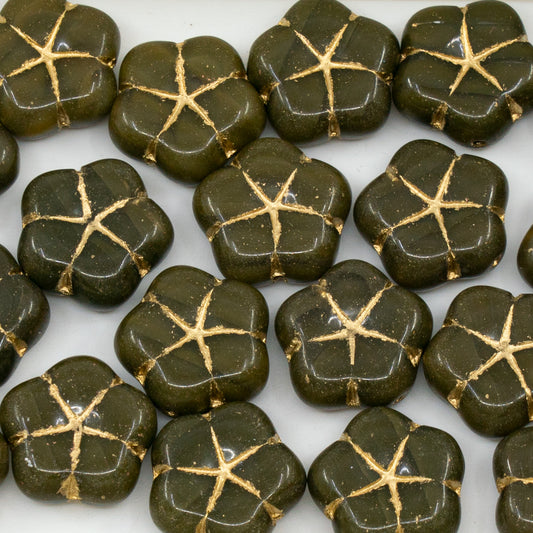 OUTLET 50g 5-Petal Flower Pressed Beads, 16 x 16 mm, Mix Brown Crystal Gold Lined (16617-54302), Glass, Czech Republic