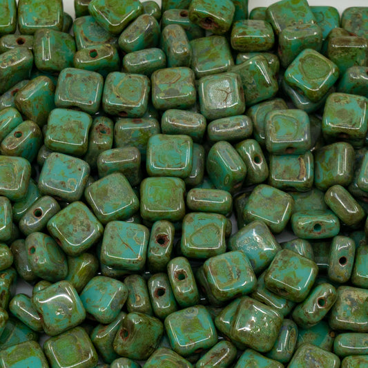 OUTLET 250g/50g Pressed Beads Square, 6 x 6 mm, Turquoise Travertin (63130-86800), Glass, Czech Republic