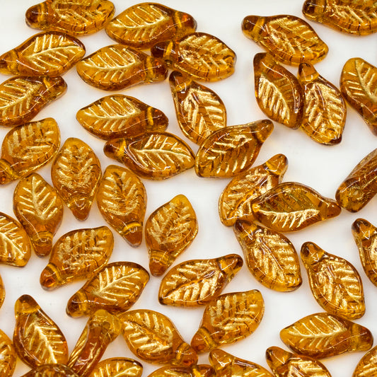OUTLET 250g/50g Bay Leaf Beads, 6 x 12 mm, Transparent Brown Gold Lined (10090-54302), Glass, Czech Republic