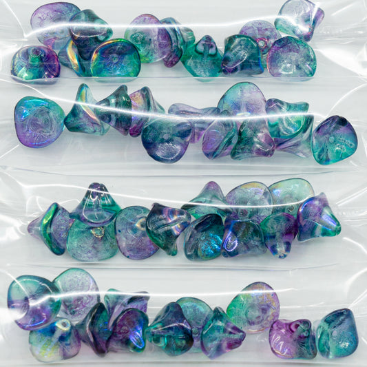 OUTLET 10 grams Daylily Flower Beads, 12 x 10 mm, Crystal Green Purple (00030-green-purple), Glass, Czech Republic