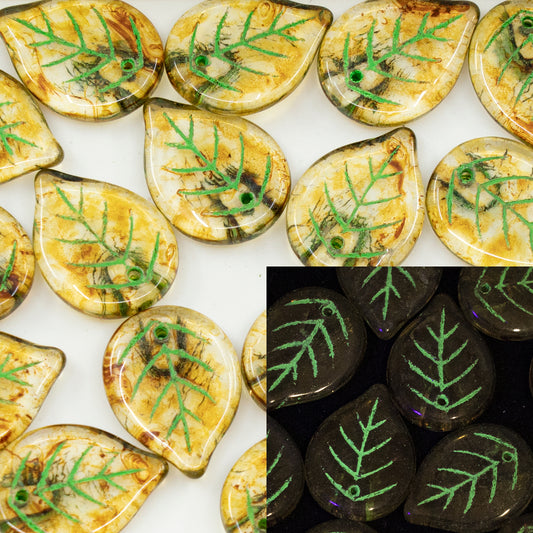 OUTLET 250g Apple Leaf Beads, 18 x 13 mm, Crystal Stain With Luster Blue Neong (00030-65431-neonG), Glass, Czech Republic