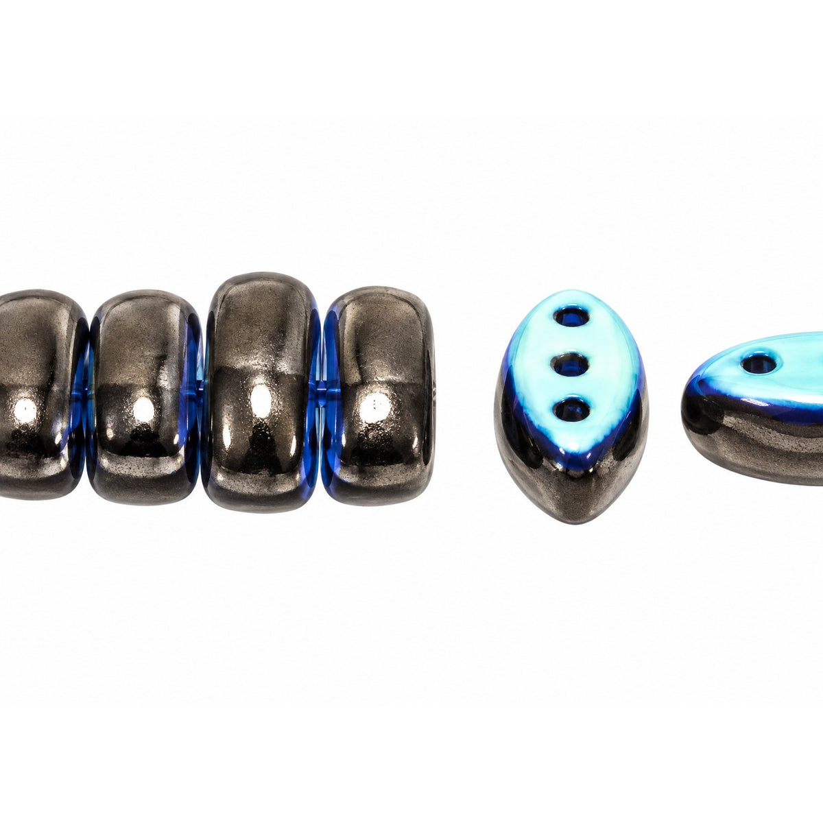 3-Hole Pressed Oval Beads, Black Ab (23980-28701), Glass, Czech Republic