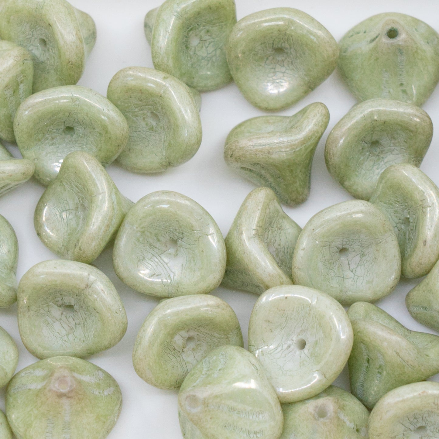 OUTLET 250g/50g Daylily Flower Beads, 12 x 10 mm, White Luster Green Full Coated (02010-14457), Glass, Czech Republic