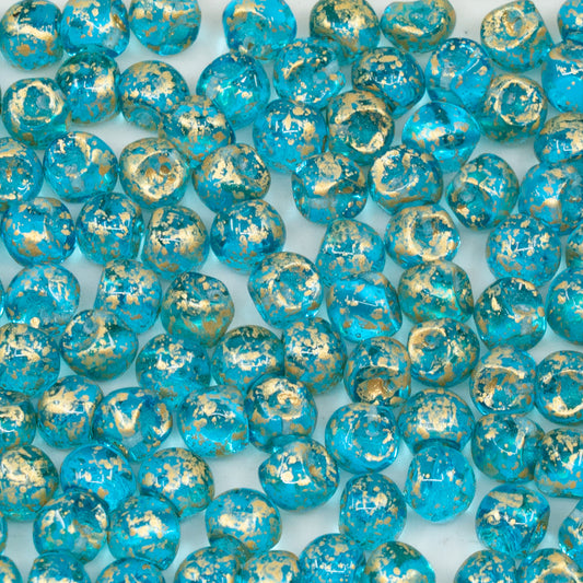 OUTLET 250g/50g Mushroom Button Beads, 6 x 5 mm, Transparent Aqua Gold Splash (60020-94401), Glass, Czech Republic