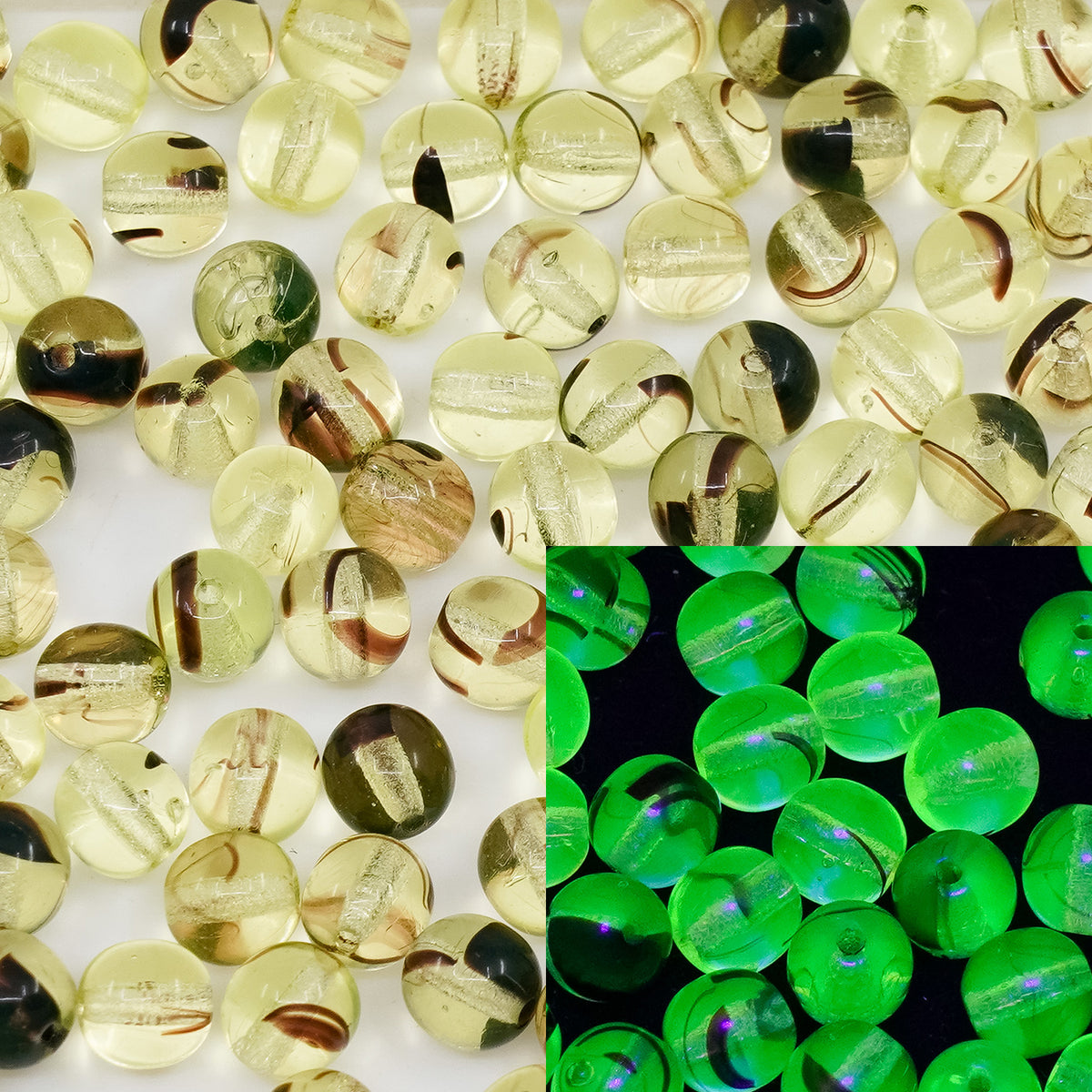 OUTLET 250g/50g Round Druck Beads, 6 x 6 mm, Yellow Gray Lined (yellow-gray-lined), Glass, Czech Republic