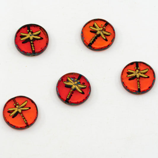 OUTLET 10 grams Table Cut Dragonfly Beads, 17 x 17 mm, Ruby Red Travertin Gold Lined (90080-86800-54302), Glass, Czech Republic