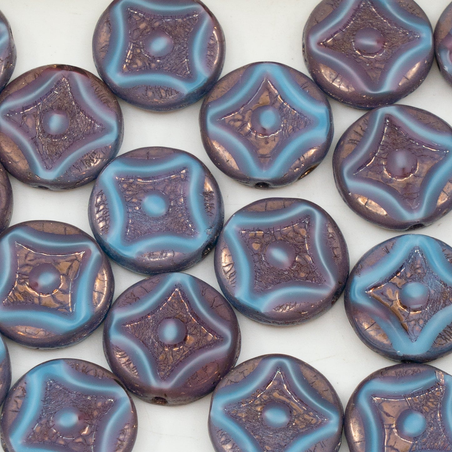 アウトレット 10グラム テーブルカットラウンドビーズ 星付き 15 x 15 mm ミックスブルー ピンク 不透明ブロンズ (37724-14415) ガラス チェコ共和国