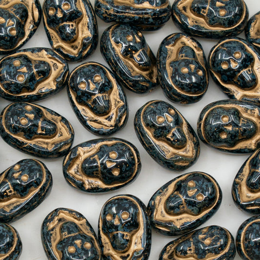 奥特莱斯 10克椭圆形头骨串珠，15 x 10毫米，黑色石灰华镀金 (23980-86800-54202)，玻璃，捷克共和国