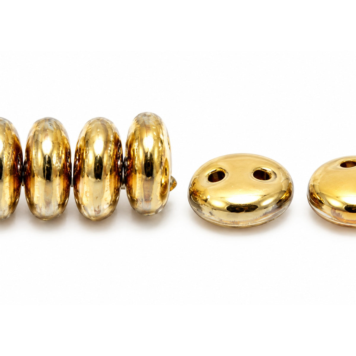Donuts And Discs 2-Hole Pressed Beads, White Full Gold (2010-26440), Glass, Czech Republic