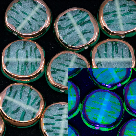 OUTLET 1 pcs Lampwork Flat Round Beads, 14 x 14 mm, Light Green Stripes Bronze (50812-st-b), Glass, Czech Republic