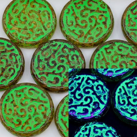 OUTLET 250g/50g Coin Ornament Pressed Beads, 20 x 20 mm, Crystal Travertin Green Neon Lined (00030-86800-54153-neon), Glass, Czech Republic