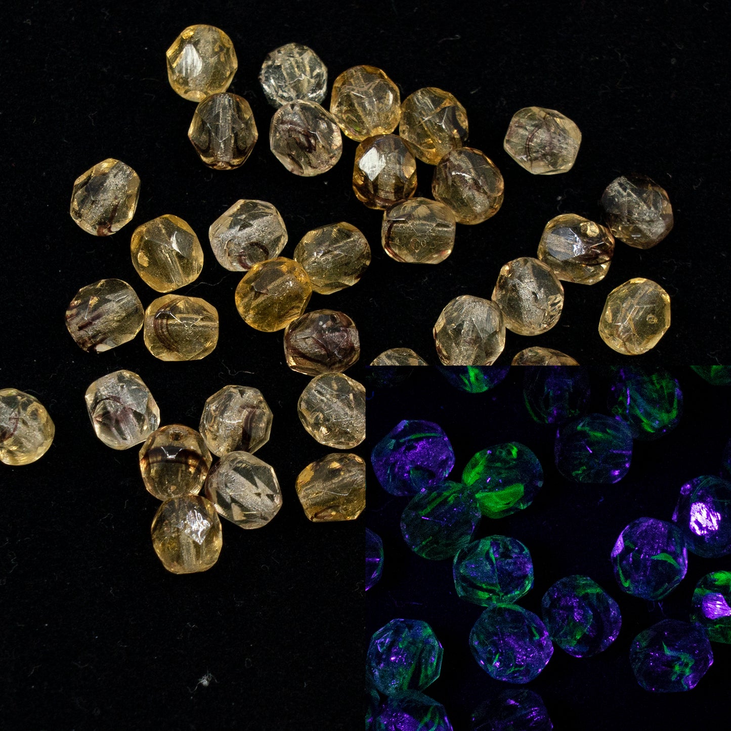 アウトレット 10グラム ファセットラウンドファイアポリッシュビーズ、6 x 6 mm、オレンジと茶色のライン（18016）、ガラス、チェコ共和国