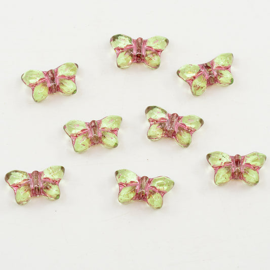OUTLET 10 grams Simple Butterfly Pressed Glass Beads, 20 x 12 mm, Transparent Green Pink Lined (50500-54321), Glass, Czech Republic