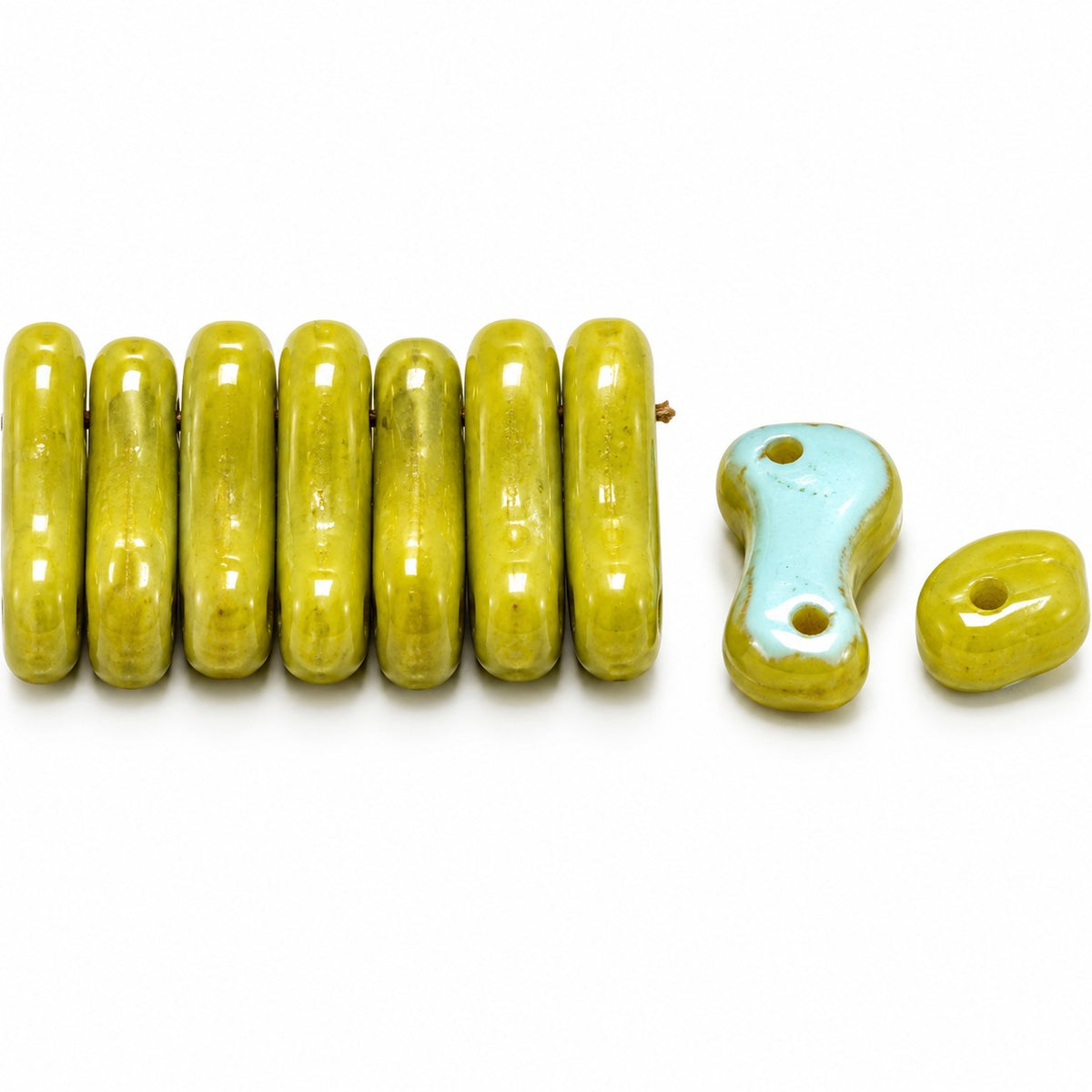 2-Hole Pressed Beads, Opaque Green Ab (53400-28701), Glass, Czech Republic