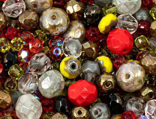 OUTLET 10 grams Faceted Round & Rondelle Fire Polished Bead Mix, mix, Bright Red Yellow Mix (MIX 05), Glass, Czech Republic