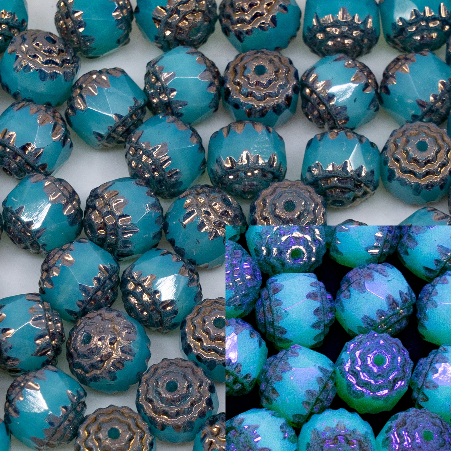OUTLET 10 grams Faceted Rondelle Fire Polished Beads, 8 x 8 mm, Opal Aqua Bronze (61100-14415), Glass, Czech Republic
