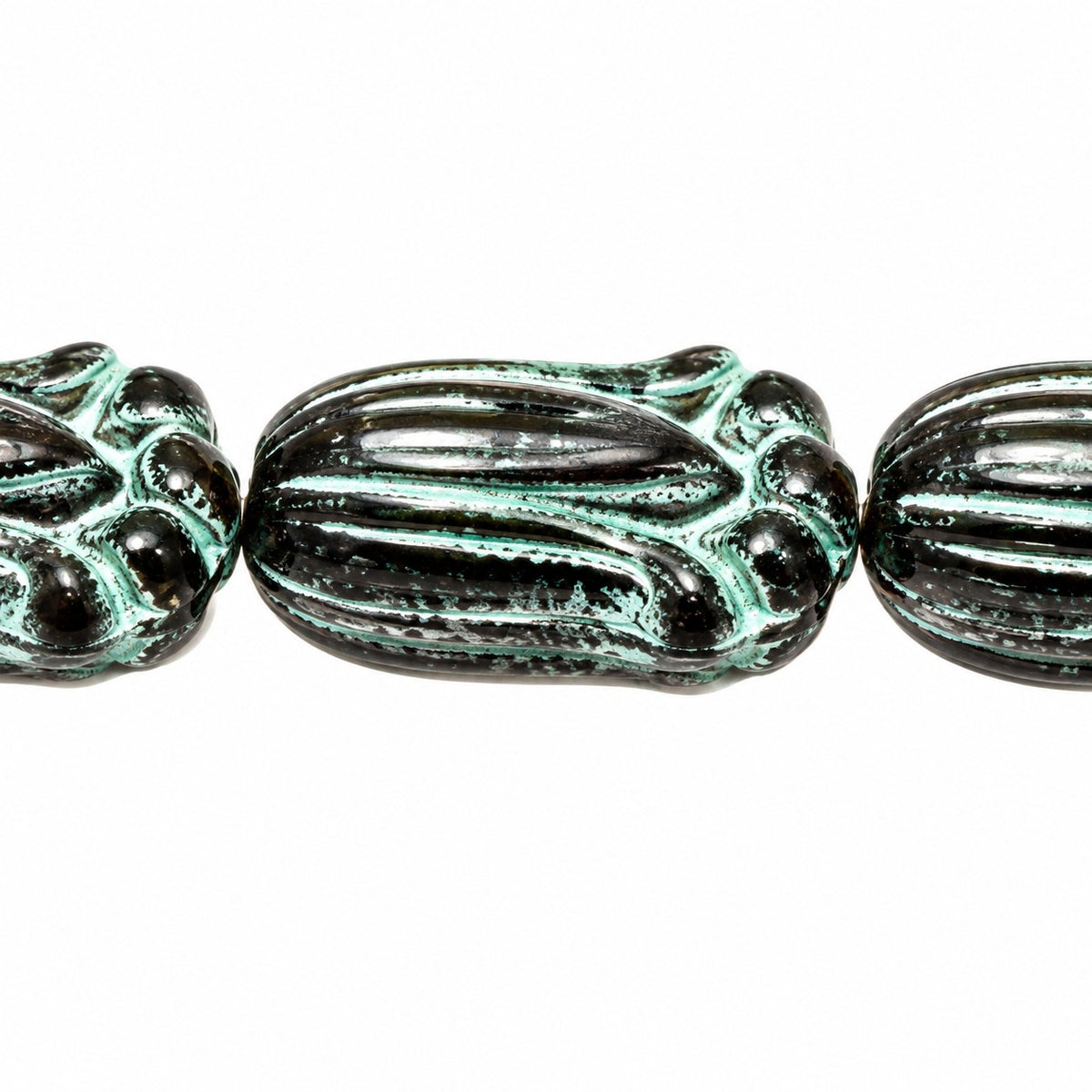 Tulip Flower Beads, Black Green Lined (23980-54322), Glass, Czech Republic