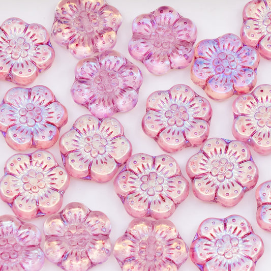 OUTLET 250g/50g Boho Flower Beads, 14 x 14 mm, Crystal Ab Light Fuchsia Pink (00030-28701-34306), Glass, Czech Republic