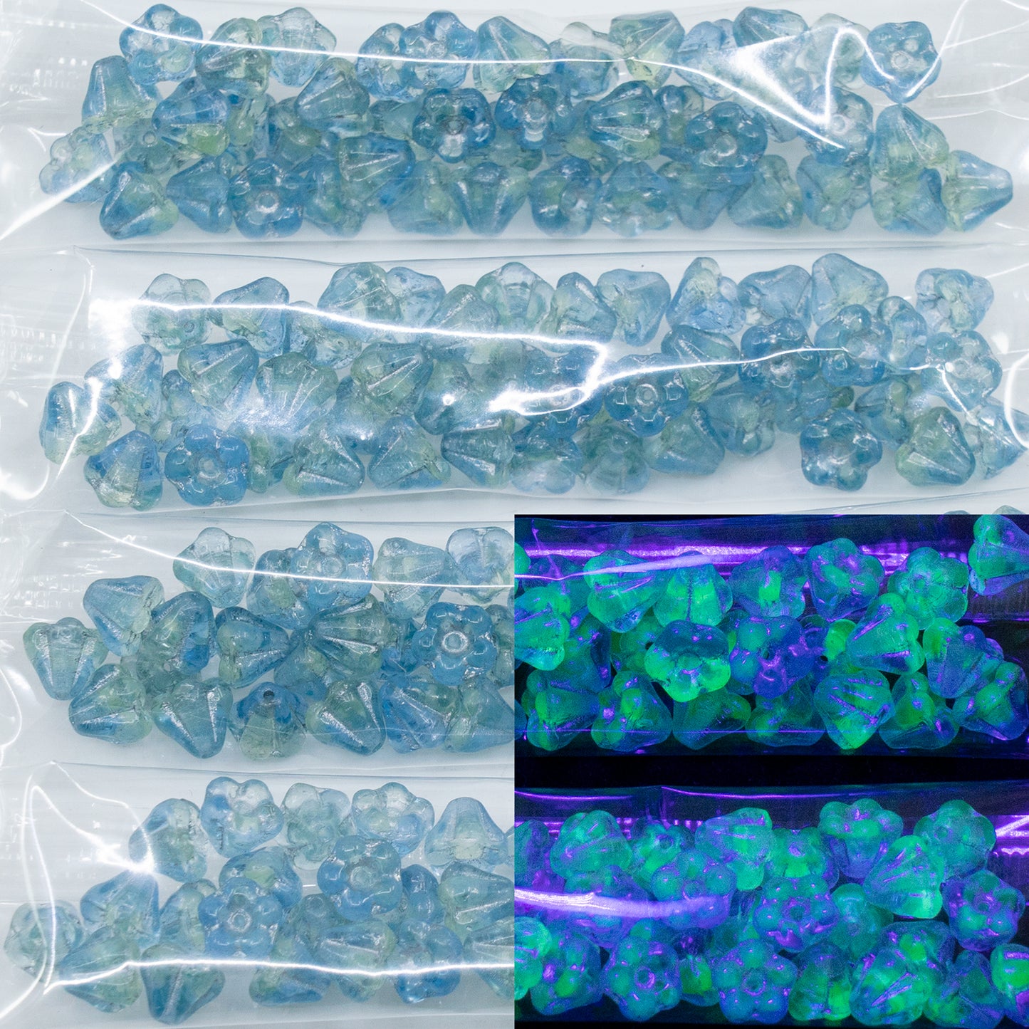 OUTLET 10 grams Bell Flower Beads, 4 x 6 mm, Turq Silver Shine (turq-silver-shine), Glass, Czech Republic