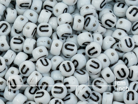 OUTLET 250g Pressed Czech Glass Letter Number Beads, 6 x 6 mm, (u), White Black Lined, Glass, Czech Republic