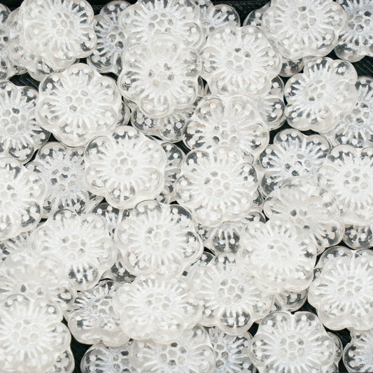 OUTLET 10 grams Flower Pressed Glass Beads, 14 x 14 mm, Crystal White Lined (00030-46401), Glass, Czech Republic