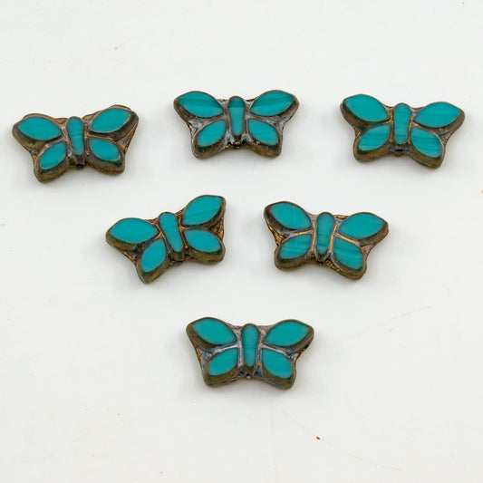 OUTLET 5克 桌面切割蝴蝶珠，20 x 12毫米，绿松石黄铜金，玻璃，捷克共和国