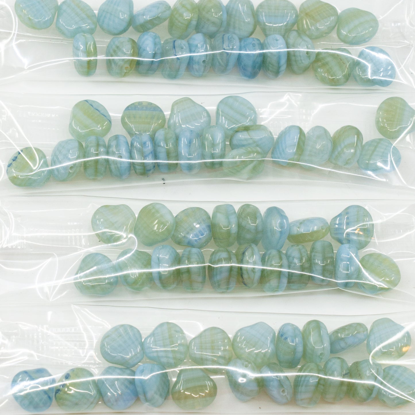 OUTLET 10 grams Flat Shell Beads, 9 x 9 mm, Opal Blue Green (opal-blue-green), Glass, Czech Republic