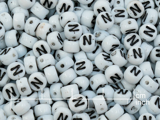 OUTLET 250g Pressed Czech Glass Letter Number Beads, 6 x 6 mm, (n), White Black Lined, Glass, Czech Republic