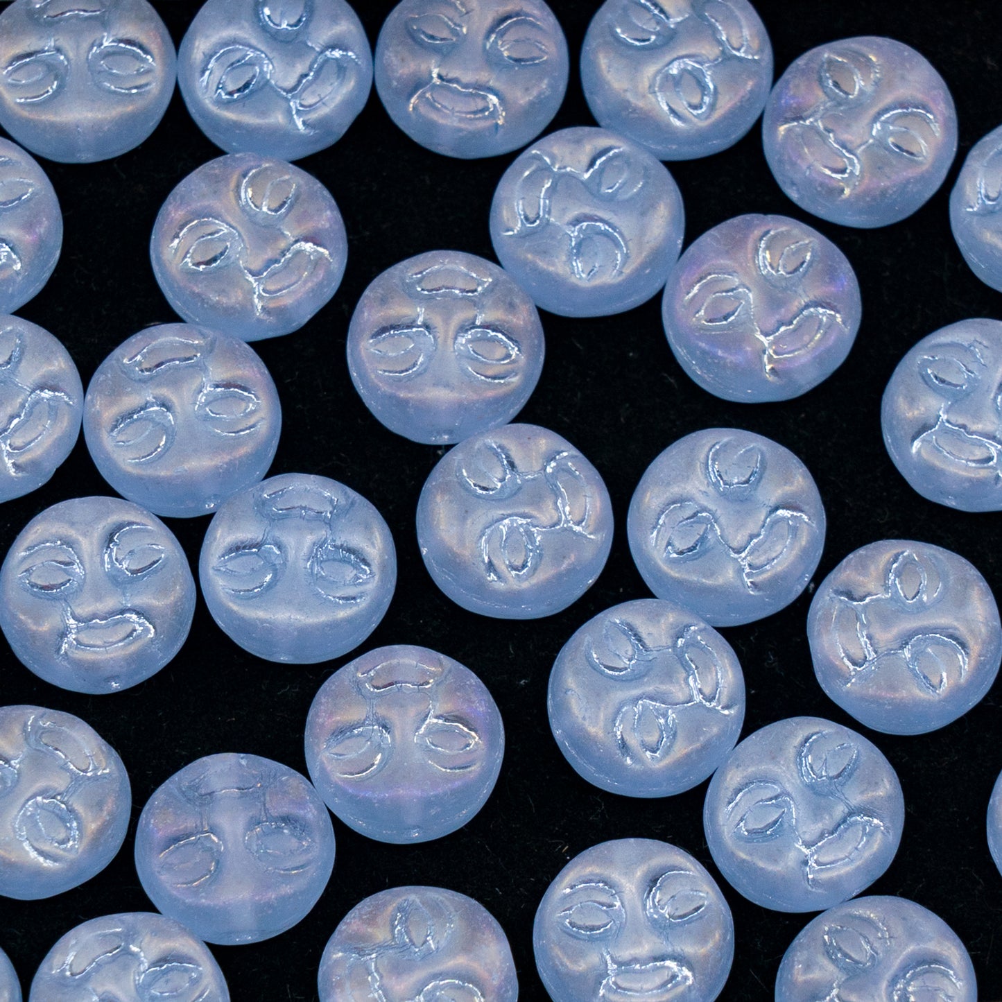 OUTLET 250g/50g Moon Face Pressed Beads, 9 x 9 mm, Transparent Light Amethyst Matte Rainbow Iris (20210-84100-21405), Glass, Czech Republic