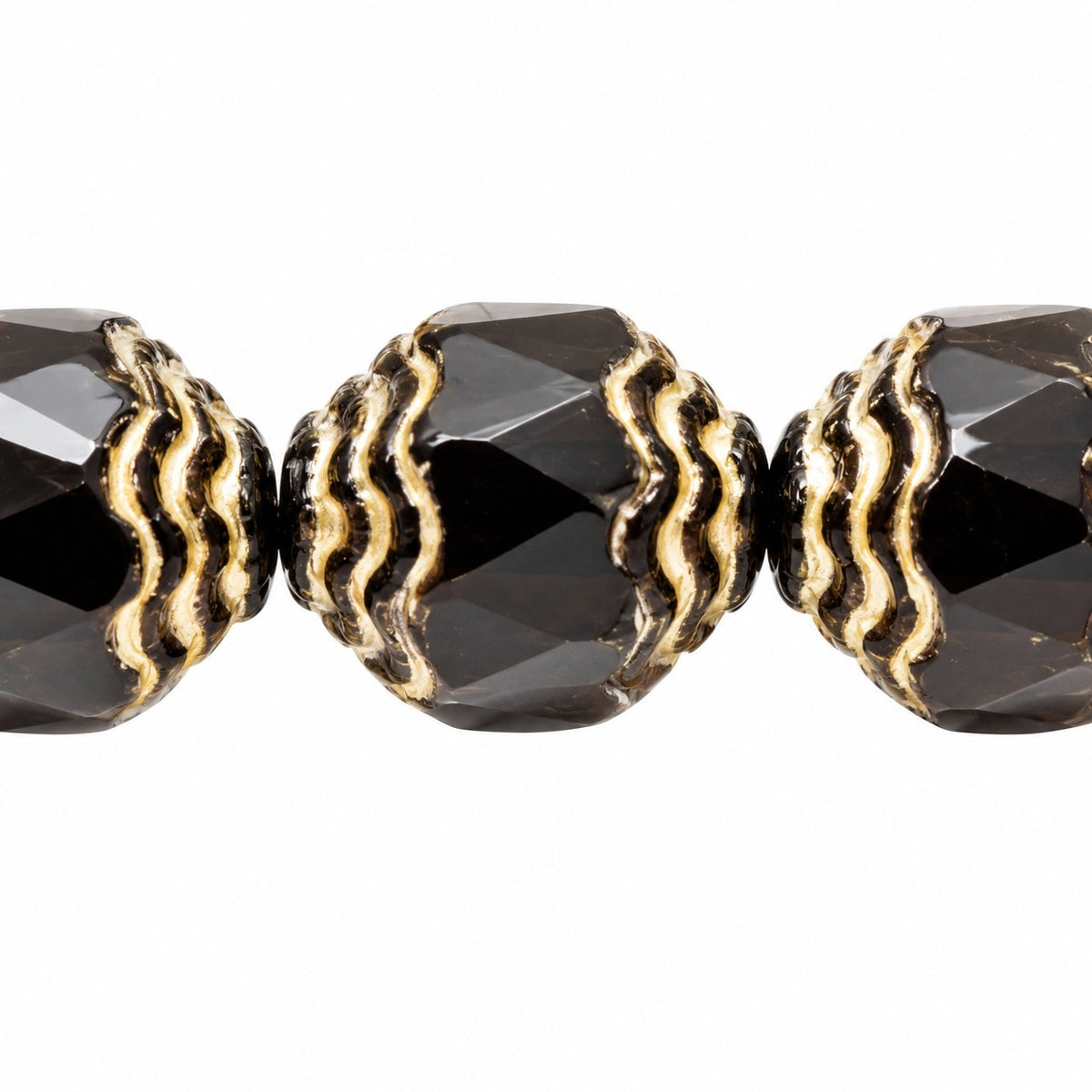 Special Cut Faceted Fire Polished Beads, Black Gold Lined (23980-54202), Glass, Czech Republic