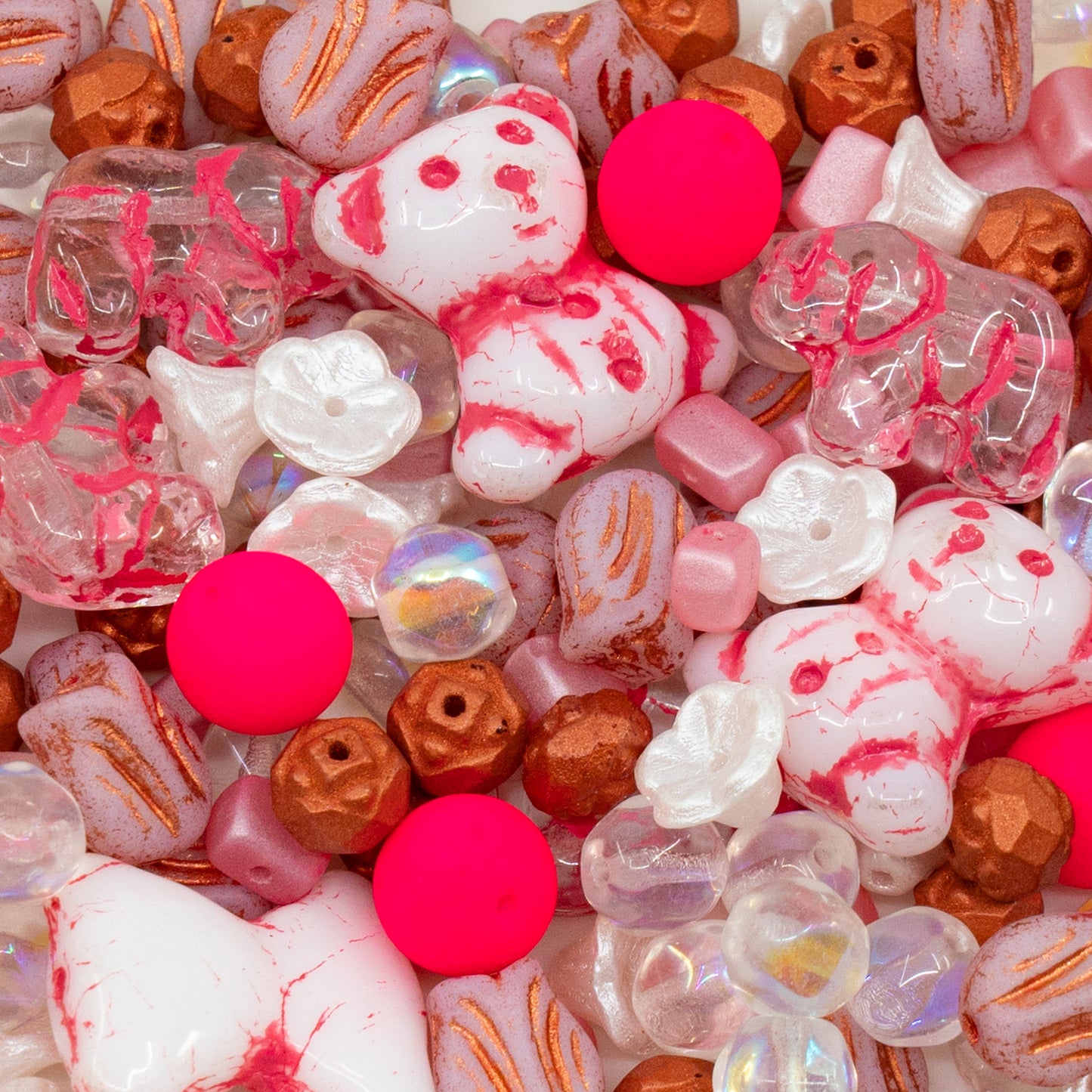 LIMITED Mix of Czech Glass Beads, Hand Made Set Kit, Crystal AB Pink Cute Bear Beads