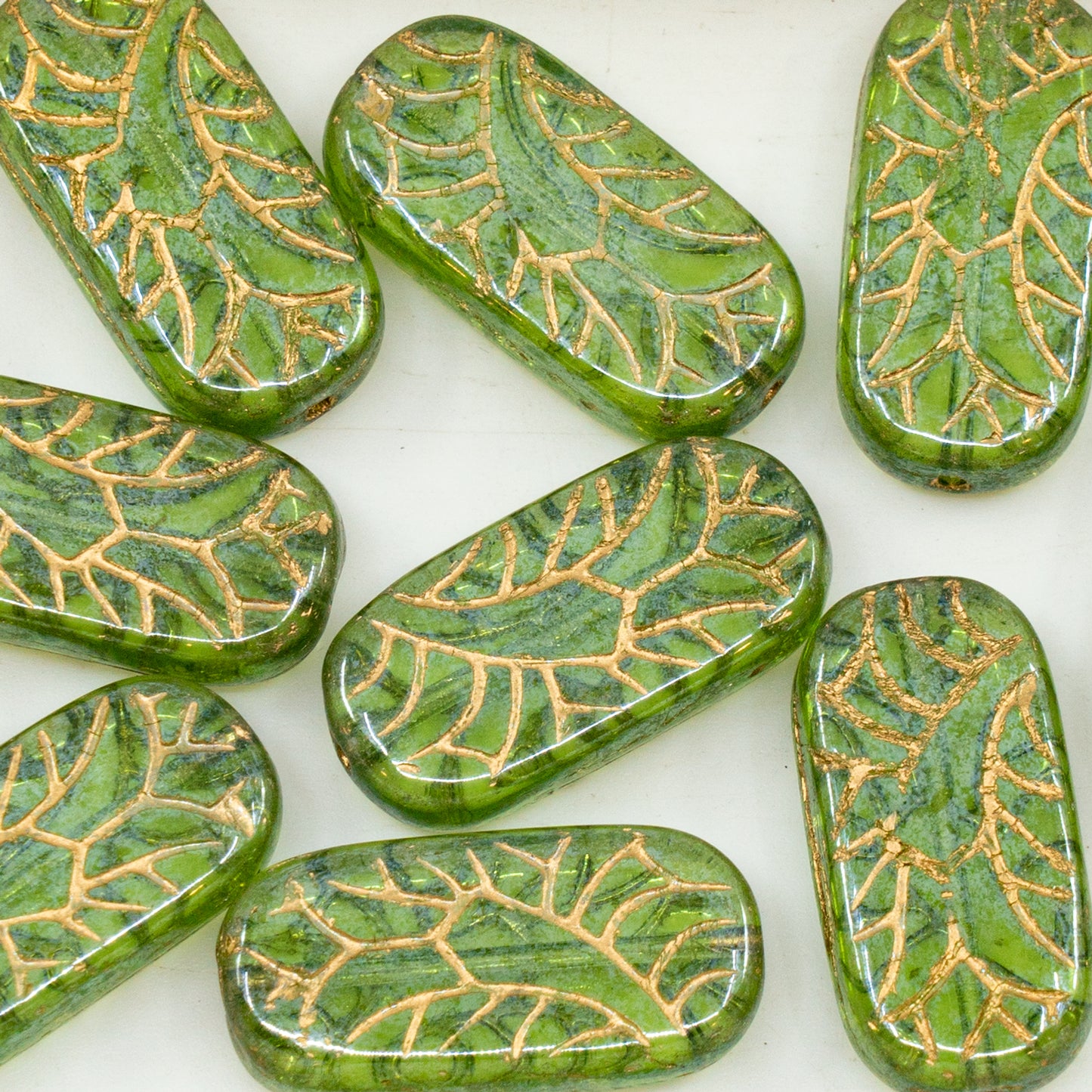 奥特莱斯 10克 长方形装饰压制玻璃珠，25 x 12毫米，透明绿宝石金边 (50700-54202)，玻璃，捷克共和国