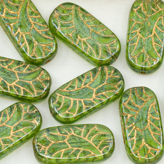 OUTLET 10 grams Rectangle With Ornament Pressed Glass Beads, 25 x 12 mm, Transparent Green Emerald Gold Lined (50700-54202), Glass, Czech Republic