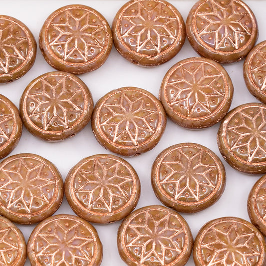 OUTLET 50 grams Pressed Round Beads with Star Ornament, 13 x 13 mm, Opaque Pink Travertin Copper Lined (74010-86800-54307), Glass, Czech Republic